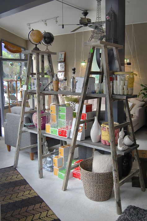 Ladder shelves                                                                                                                                                      More                                                                                                                                                                                 More Upcycle Ladder, Ladder Shelving Unit, Decoration Vitrine, Old Ladder, Vintage Ladder, Craft Fairs Booth, Craft Fair Displays, Market Displays, Craft Show Displays