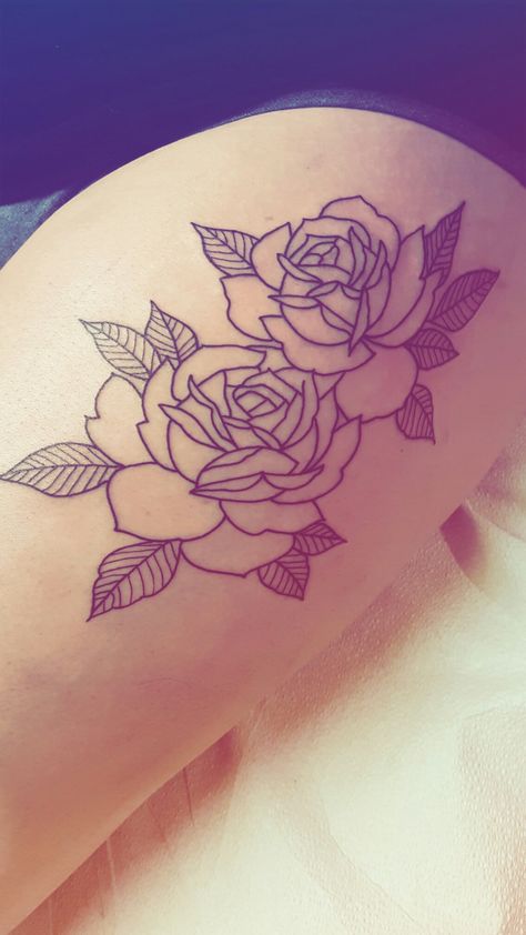 Pre-shading #outline #traditional #roses #blackngrey #thightattoo #beautiful Thigh Rose Tattoo, Roses Thigh Tattoo, Rose Outline Tattoo, Rose Tattoo Placement, Traditional Rose Tattoo, Rose Tattoo Ideas, Rose Tattoo Thigh, Rose Outline, Traditional Rose