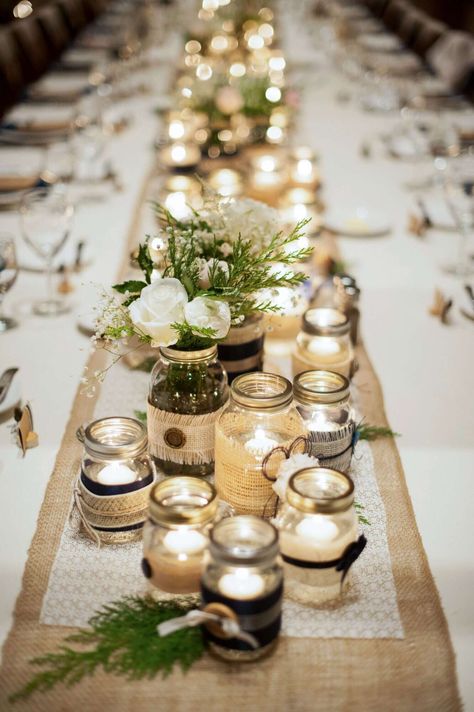 mason jar decor down center of table Winter Table Decorations, Wedding Centerpieces Mason Jars, Rustic Table Runners, Rustic Wedding Decorations, Boda Diy, Winter Table, Mason Jar Wedding, Rustic Wedding Centerpieces, Mason Jar Centerpieces