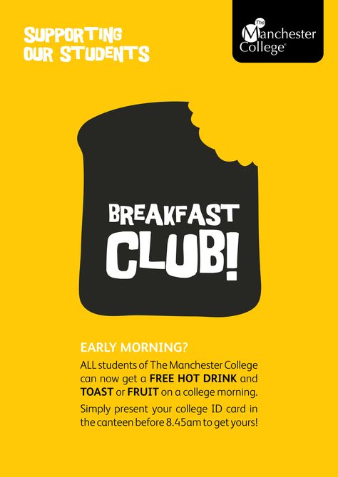 Breakfast Club poster. Part of a suite of posters for Student Support.  Created by Sarah Cleworth Student Club Poster, Brunch Branding Design, College Club Poster, Breakfast Design Poster, Breakfast Restaurant Branding, Brunch Design Graphic, Breakfast Graphic Design, Brunch Poster Design, Breakfast Poster Design