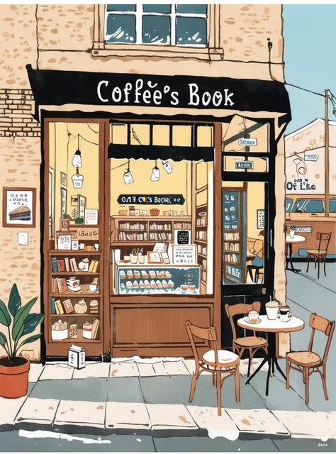 Coffee Shop Sketch, Bookshop Illustration, Coffee Shop Illustration, Places Illustration, Lofi Animation, Cafe Deco, Cafe Drawing, Anime Procreate, Illustration Building