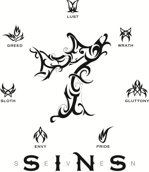 Seven Deadly Sins Symbols, 7 Deadly Sins Tattoo, Deadly Sins Tattoo, Sins Tattoo, Seven Deadly Sins Tattoo, Japanese Symbols Tattoo, Sin Tattoo, Skull Hand Tattoo, Cool Symbols