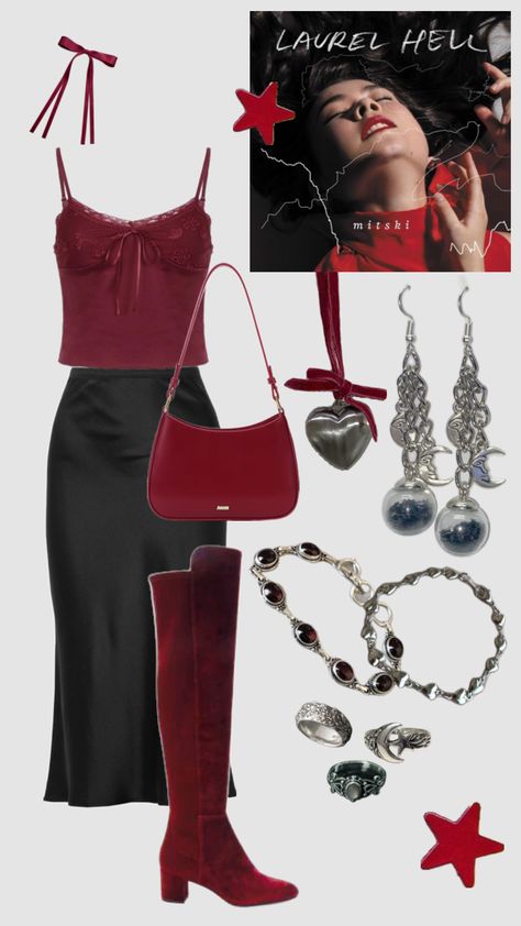 Mitski concert outfit inspired by laurel hell #mitski #mitskishuffle #album #laurelhell #song #music #concert #oufit #black #red #redaesthetic Laurel Hell Mitski, Mitski Concert, Concert Oufit, Outfit Inspired, Concert Fits, Fall Fits, Swaggy Outfits, Music Concert, Hippie Outfits