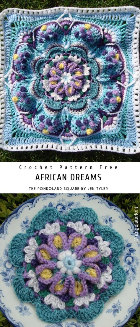 The Pondoland Square Crochet Pattern Free | Pattern Center The Pondoland Square, Crochet 3d Square, Mandala Granny Square Crochet Pattern, Crochet Mandala Square, Free Granny Square Crochet Pattern, Crochet Mandala Blanket, Mandala Blanket, Sunburst Granny Square, Crocheted Squares