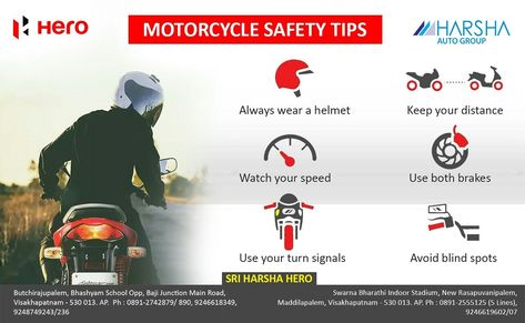 Wearing a helmet is the best way to protect against severe head injuries. A motorcycle rider not wearing a helmet is five times more likely to sustain a critical head injury. Make sure to wear protective gear and clothing that will minimize the amount of injuries in case of an accident or a skid. Follow these tips for safe riding. #Alwayswearahelmet #Followtrafficrules #Motorcyclesafetytips #SriHarshaHero #Visakhapatnam #Harshaauto Motorcycle Safety Tips, Road Safety Tips, Road Safety Poster, Safe Driving Tips, Driving Quotes, Head Injuries, Safety Poster, Motorcycle Safety, Safety Posters