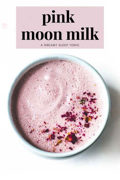 pink moon milk in a blue cup, with culinary rose petals on top Cherry Milk, Moon Milk Recipe, Homemade Nut Milk, Moon Milk, Almond Milk Recipes, Tart Cherry Juice, Vegan Drinks, Cherry Almond, Milk Shakes