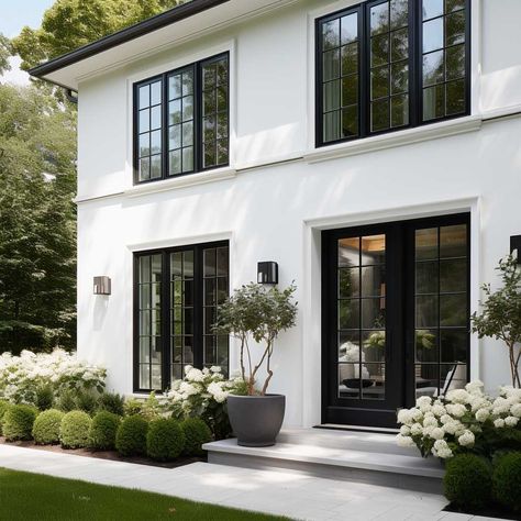 Black Window Trim, Black Window Trims, White Exterior Houses, Black Window, White Windows, Black Windows, Lifestyle Ideas, House Front Design, Deck Ideas