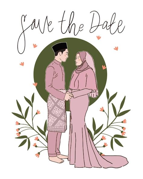 Malay Traditional Clothes, Wedding Illustration Couple, Malay Traditional, Wedding Cartoon, Nikah Wedding, Wedding Couple Cartoon, Couples Dp, Malay Wedding, Wedding Muslim