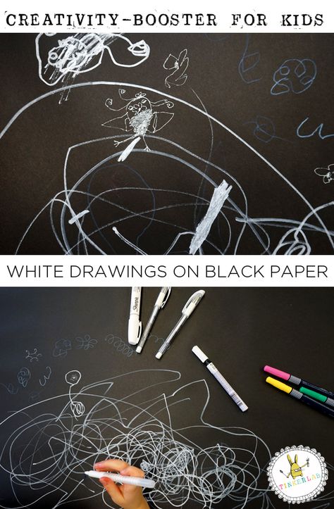 Art Prompts: White Marker on Black Paper Creativity Booster for Kids | TinkerLab.com White Drawings On Black Paper, Drawings On Black Paper, Open Ended Art, White Marker, Drawing Ideas Easy, Black Paper Drawing, Drawing Prompts, Elementary Art Projects, Homeschool Art