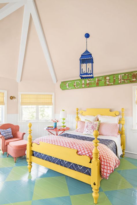 Bedroom Suite:  When it came to decorating the kids' area, which includes both Theo and Amelia's bedrooms, bathrooms, and a playroom, Alison chose to unify the spaces with a turquoise-and-lime painted floor that runs throughout. Warm Paint Colors, House Of Turquoise, Yellow Bedding, Cottage Bedroom, Budget Friendly Decor, Painted Floors, Eclectic Home, Mellow Yellow