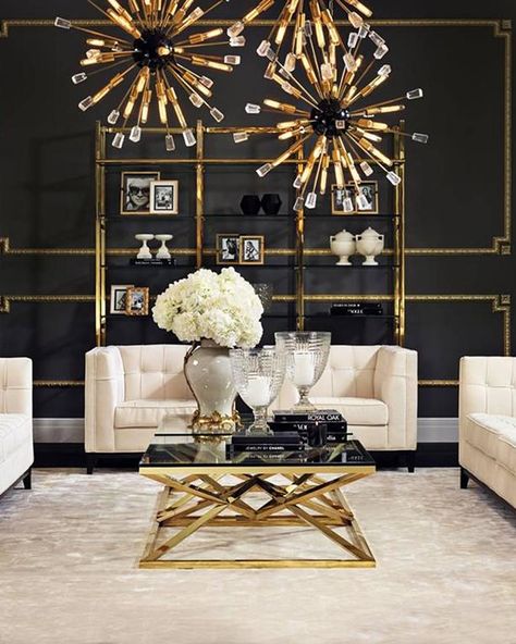 Interior Art Deco, Gold Living Room Decor, Furnitur Ruang Keluarga, Hollywood Regency Decor, Interior Design Minimalist, Gold Living, Art Deco Interior Design, Gold Living Room, Charles Rennie Mackintosh