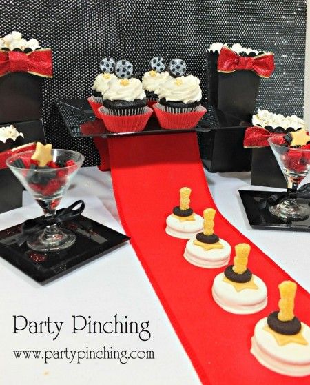 Oscar Party - Party Planning - Party Ideas - Cute Food - Holiday Ideas -Tablescapes - Special Occasions And Events - Party Pinching Oscars Theme Party, Gold Food Coloring, Oscars Party Ideas, Hollywood Party Theme, Red Carpet Party, Awards Party, Hollywood Theme, Movie Night Party, Sour Patch Kids