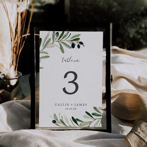 Branch Table, Wedding Table Number Cards, Simple Watercolor, Olive Branches, Elegant Wedding Reception, Modern Bridal Shower, Black Olives, Event Sign, Baby Shower Table