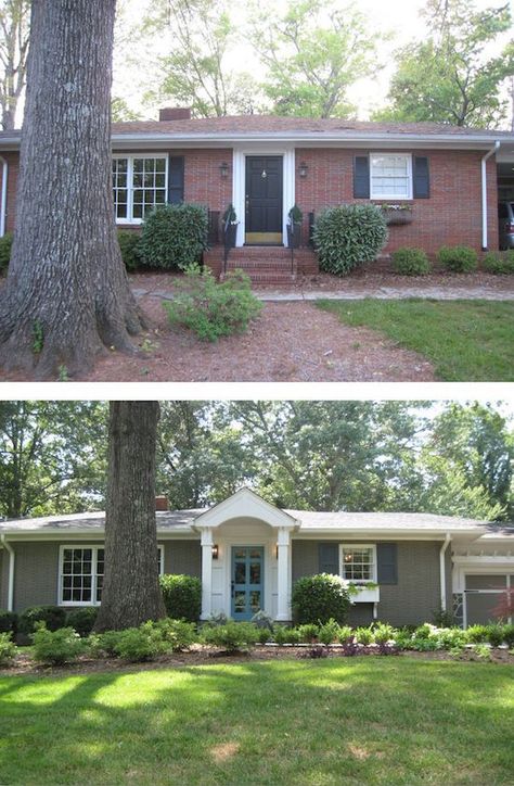 brick houses painted before and after | This brick ranch gained curb appeal with a new entryway and paint. Painted Brick Ranch, Brick House Exterior Makeover, Painted Brick House, Ranch Remodel, Brick Ranch, Home Exterior Makeover, Exterior Renovation, Brick Exterior House, Exterior Makeover