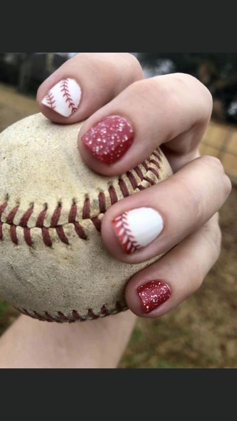 Softball And Baseball Nails, Baseball Fingernails, Red Baseball Nails, Red White And Blue Baseball Nails, Baseball Nail Ideas, Baseball Mom Nails, Baseball Nails Design Mom, Phillies Nails, Softball Nail Designs