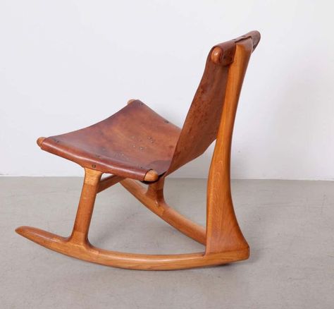 For Sale on 1stDibs - Rare early Lawrence B. Hunter rocking chair in original leather in outstanding patina. Provenance: Page 32, California Design 10, 1968. Fur Furniture, Rocking Chair Plans, Small Living Room Chairs, Teal Accent Chair, Handmade Chair, Modern Rocking Chair, Unusual Furniture, Furniture Design Chair, Wood Chairs