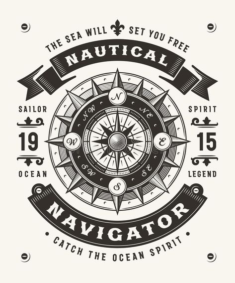 Vintage Nautical Navigator Typography One Color vector illustration Nautical Graphic Design, Journey Poster, Color Typography, Nautical Vintage, T Shirt Logo Design, Adobe Illustrator Graphic Design, Nautical Compass, Shirt Logo Design, Typography T Shirt