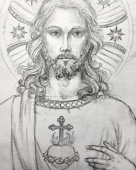 Jesus Drawings Sketches, Sacred Heart Painting, Emblems Design, Jesus Sketch, Comic Book Wallpaper, Jesus Art Drawing, Sacred Heart Art, Christian Drawings, Good Foundation