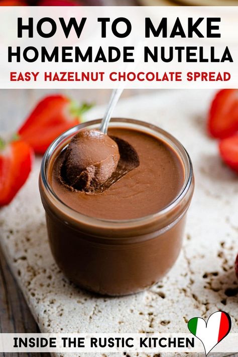 How to make Homemade Nutella! This recipe makes your favourite smooth and creamy hazelnut chocolate spread in no time and it couldn't be easier. Rich, decadent and delicious! Diy Hazelnut Extract, Hazelnut Spread Recipes, Home Made Nutella, Homemade Chocolate Spread, Chocolate Spread Recipe, Homemade Spreads, Cake Loaves, Sicilian Cuisine, Sweet Spreads