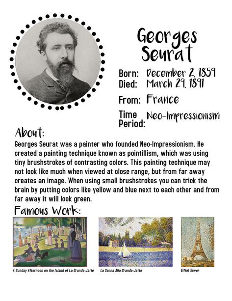 Seurat Art Projects For Kids, Seurat Art, George Seurat, Art History Timeline, Art History Lessons, Georges Seurat, Art Worksheets, Art Lessons For Kids, History For Kids