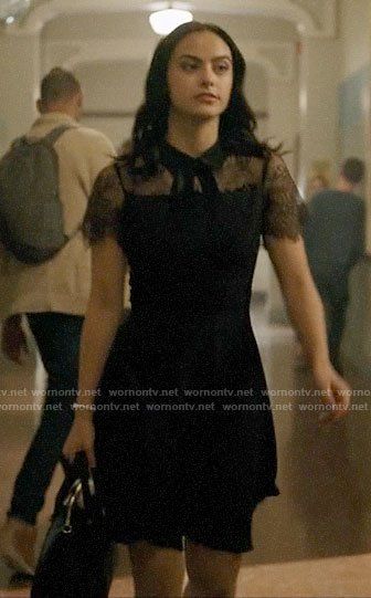 Veronica’s black lace tie neck dress on Riverdale.  Outfit Details: https://wornontv.net/173738/ #Riverdale Veronica Lodge Fashion, Riverdale Style, Veronica Lodge Riverdale, Veronica Lodge Outfits, Riverdale Outfits, 6th Form Outfits, Riverdale Fashion, Camilla Mendes, Organized Closet