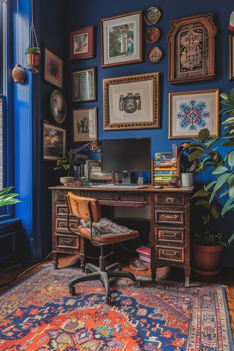 29 Maximalism Home Decor Ideas for a Vibrant Home Eclectic Office Decor, Maximalist Office, Maximalism Home, Maximalist Home, Vibrant Home, Long Way Home, Dream Office, Maximalist Decor, Antique Desk