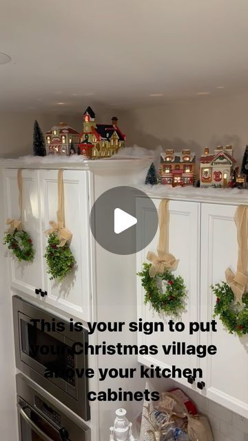 Christmas Village Over Kitchen Cabinets, Christmas Village On Top Of Kitchen Cabinets, Above Kitchen Sink Christmas Decor, Christmas Decorations Above Cabinets, Christmas Village Above Kitchen Cabinets, Christmas Village On Top Of Cabinets, Over Cabinet Christmas Decor, Present Cabinets Christmas, Above Kitchen Cabinet Christmas Decor