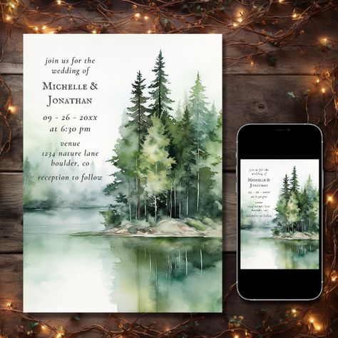 Watercolor Rustic Lake Woodland Forest Wedding Invitation Woodland Forest Wedding, Forest Wedding Invitation, Forest Wedding Invitations, Wedding Anniversary Invitations, Themed Wedding Invitations, Forest Mountain, Woodland Forest, Lake Wedding, Wedding Preparation