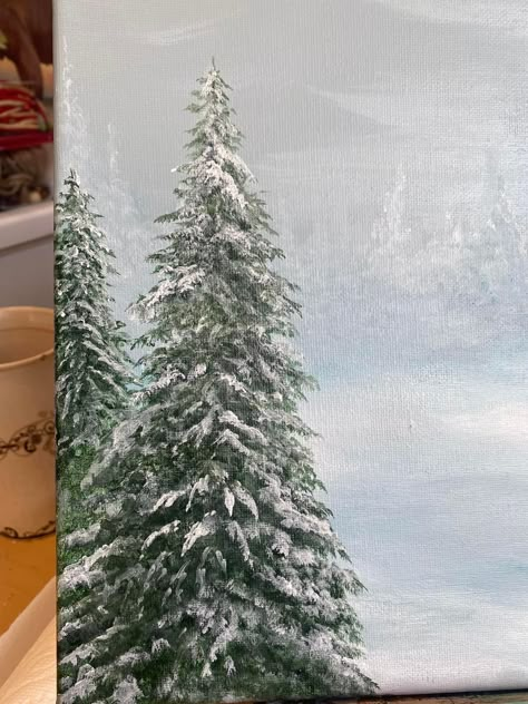 Painting Evergreen Trees Acrylic, Winter Trees Painting, Snowmen Paintings On Canvas, Snowy Christmas Tree Painting, Trees With Snow Painting, Tree With Snow Painting, Snowy Pine Trees Painting, Snowy Trees Painting, Pine Tree Painting