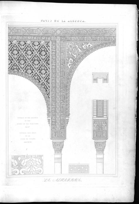 (1842) - Plans, elevations, sections, and details of the Alhambra, from drawings taken on the spot in 1834 by Jules Goury, and in 1834 and 1837 by Owen Jones Andalusian Architecture, Alhambra Palace, Owen Jones, Mosque Design, Alhambra Granada, Elevation Drawing, Mughal Architecture, Architecture People, Engraving Art