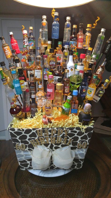 60 bottles for 60 years! Happy Birthday! Cheers! Liquor Bouquet, Happy Birthday Cheers, Movie Bloopers, Pretty Alcoholic Drinks, Liquor Gifts, Birthday Basket, Yummy Alcoholic Drinks, Funny Birthday Cakes, Birthday Cheers