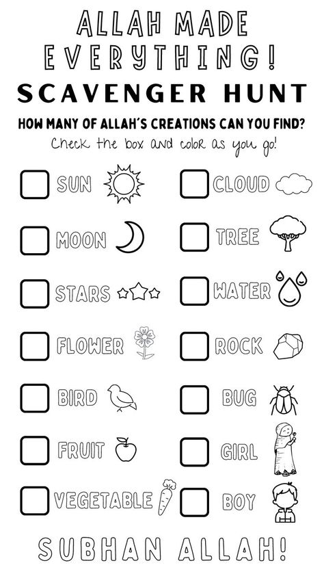 Allah Made Everything! Scavenger Hunt for Muslims | Homeschooling Islamic Schools Coloring Page Acitivity Muslim Kids Crafts, Kids Scavenger Hunt, Eid Activities, Islamic School, Islamic Books For Kids, Muslim Kids Activities, Homeschool Activity, Islamic Kids Activities, Ramadan Kids