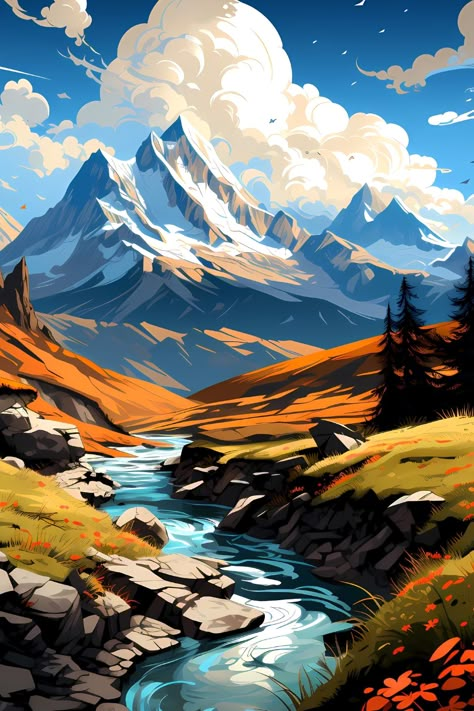 Mountain Drawing Color, Scenery Painting Acrylic Canvases, 2 Canvas Painting Ideas, Creative Canvas Painting Ideas, 2 Canvas Painting, Small Canvas Painting Ideas, Canvas Painting Ideas Aesthetic, Alpine Mountains, Canvas Painting Ideas Easy