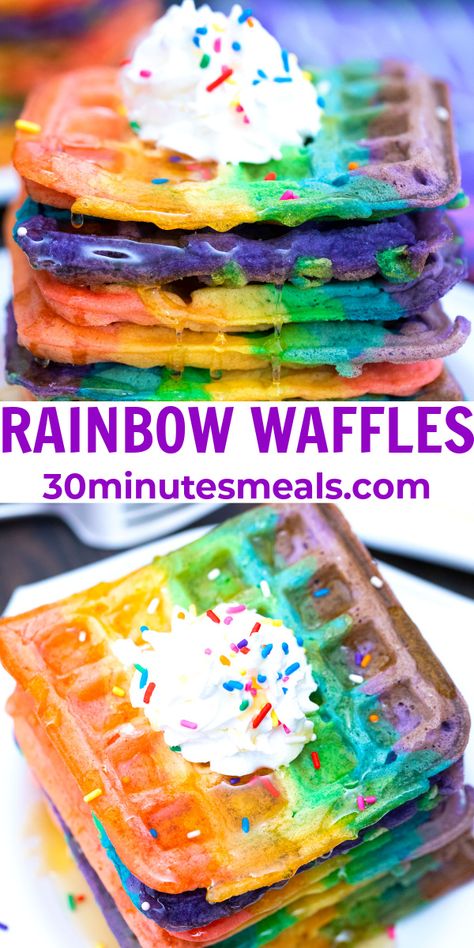 Rainbow French Toast, Birthday Waffles Breakfast, Pride Brunch Ideas, Sprinkle Waffles, Easter Waffles, Pride Treats, Pride Brunch, Rainbow Breakfast, Rainbow Recipes