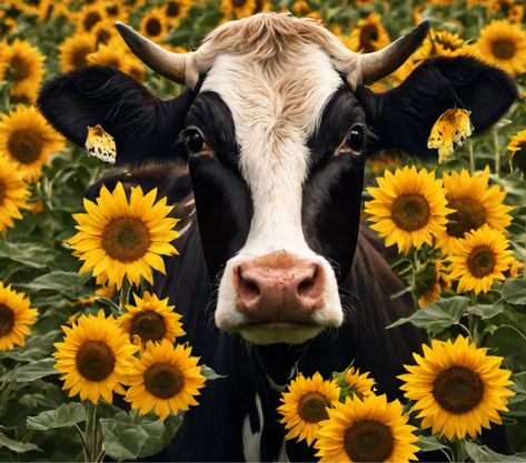 Sunflower And Cow Wallpaper, Cows Watercolor, Lino Inspiration, Cow With Flowers, Cow Sunflower, Cow Photography, Cow Wallpaper, Sunflower Images, Cow Pictures