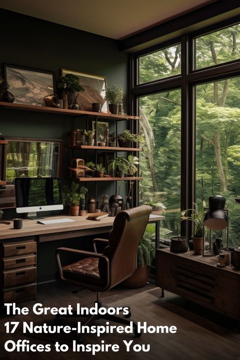 Lush home office with floor-to-ceiling windows showcasing a forest view. Dark wood desk, floating shelves, and leather chair in a room filled with green plants and artistic decorations. Earthy palette with deep greens and browns. Green Home Offices, Wooden Desks, Zen Office, Windows Frame, Organized Desk, Elegant Home Office, Rustic Home Offices, Earthy Home, Rustic Office