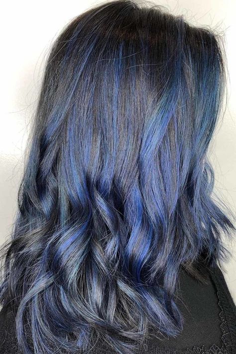 Black Hair With Blue, Blue Brown Hair, Hair Colors To Try, Spring Hair Color Trends, Blue Hair Highlights, Hair Stripes, Dyed Hair Blue, Blue Black Hair, Dark Brunette Hair