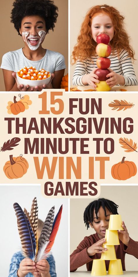 Bring on the Thanksgiving fun with "15 Fun Thanksgiving Minute to Win It Games"! Perfect for family gatherings, classroom parties, or entertaining the kids while the turkey cooks, these quick and exciting games add extra joy to your holiday. From silly challenges to laugh-out-loud moments, these Thanksgiving family games are great for kids AND adults. Get ready for some festive competition and make this Thanksgiving unforgettable! Thanksgiving Minute To Win It Games, Thanksgiving Games For Family Hilarious, Outdoor Fall Games, Minute To Win It Thanksgiving, Thanksgiving Minute To Win It, Holiday Games For Family, Thanksgiving Family Games, Fun Thanksgiving Games, Friendsgiving Games