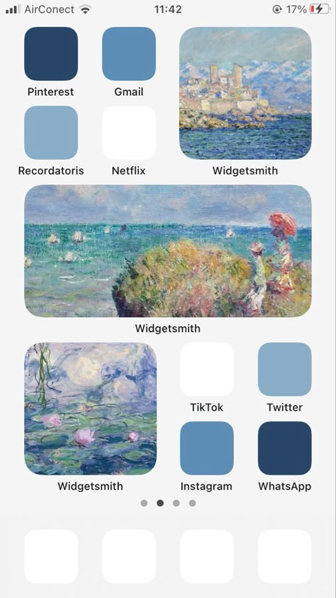 Claude Monet Homescreen, Pretty Ios14 Homescreen, Ios 16 Summer Home Screen Ideas, Dreamy Homescreen, Summer Theme Home Screen, Summer Aesthetic Homescreen Layout, Phone Themes Beach, Coastal Granddaughter Phone Layout, Summer Homescreen Aesthetic