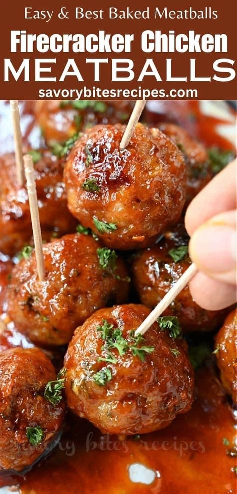 These Firecracker Chicken Meatballs are baked, easy , delicious and healthy. Enjoy these firecracker chicken meatballs with sweet, savoury and spicy firecracker sauce! #firecrackermeatballs #chickenmeatballs #meatballs Firecracker Chicken Meatballs, Firecracker Meatballs, Spicy Chicken Meatballs, Sweet Meatballs, Firecracker Sauce, Ground Chicken Meatballs, Firecracker Chicken, Savory Meatballs, Spicy Meatballs