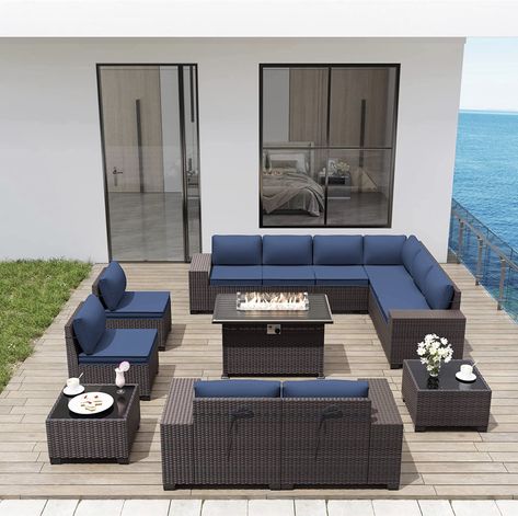 Kullavik 13 Pieces Outdoor Patio Furniture Set with 43" 55000BTU Gas Propane Fire Pit Table PE Wicker Rattan Sectional Sofa Patio Conversation Sets,Navy Blue Luxury Outdoor Patio, Getting Ready For Summer, Patio Decorations, Sectional Patio Furniture, Glass Tables, Blue Patio, Propane Fire Pit Table, Black Patio, Summer Patio