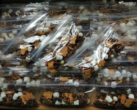 Individual S'mores Snack Mix Smores Snacks, Fun Snack Ideas, Yogurt Covered Raisins, Vbs Snacks, Classroom Snacks, Bear Baby Shower Theme, Kid Snacks, Baby Bear Baby Shower, Sweet Food