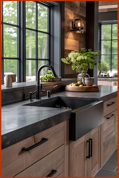 Stunning Black Granite Countertops for your Kitchen Closed Kitchen And Dining Room, Black Counter Wood Cabinets Kitchen, Countertops For Black Cabinets, Luxury Kitchen Decor Ideas, Wood Cabinets With Dark Countertops, Wood Cabinets Black Counter, Timeless Kitchen Wood Cabinets, Slate Countertop Kitchen, Black And Cream Kitchen