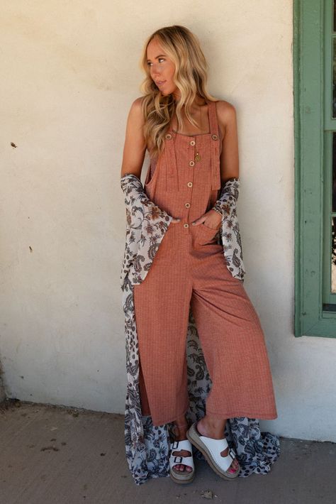 High Hopes Button Up Overalls - Rust | Three Bird Nest Striped Overalls Outfits, Overalls Outfits, Three Bird Nest, Boho Jumpsuit, Boho Summer Outfits, Loose Jumpsuit, Black Overalls, High Hopes, The Nest