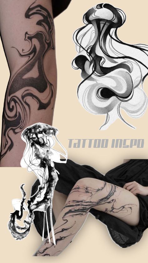 Jellyfish ink spill tattoo inspo, black and white tattoo Heavy Ink Tattoos, Black Tattoos With White Highlights, Ink Body Drawing, Black Line Art Tattoo, Tattoo Of A Ribcage, Black Out Tattoo Leg, Abstract Jellyfish Tattoo, Ink Wash Tattoo, Cool Medusa Tattoo