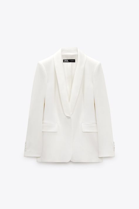 White Blazer Women, Oyster White, Fashion Top Outfits, Satin Blazer, Zara Outfit, Tuxedo Blazer, Lapel Blazer, Zara Blazer, Single Button Blazer