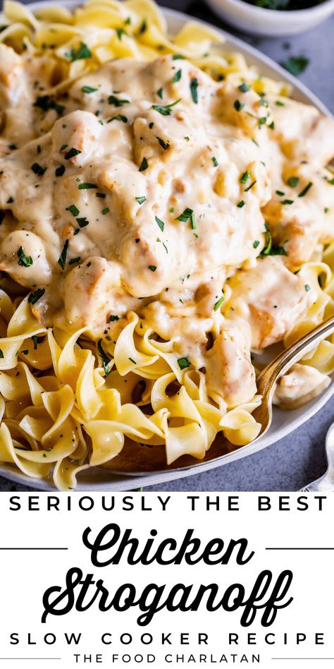 Easy Slow Cooker Chicken Stroganoff from The Food Charlatan. This Slow Cooker Chicken Stroganoff recipe is a huge crowd pleaser and SO easy to put together! Who can say no to creamy noodles and chicken? You can either use a can of cream of chicken soup or use the simple homemade sauce recipe I've included - it turns out great either way. This is one of my favorite meals to bring to new moms along with a green salad and some crusty bread! I love it for an easy weeknight dinner. Make it tonight! Chicken Stroganoff Crock Pot, Chicken And Rice Slow Cooker, Chicken Stroganoff Recipe, Recipes With Cream Of Chicken Soup, Cream Of Chicken Soup Recipes, Slow Cooker Chicken Stroganoff, Cooking Sweet Corn, Delicious Chicken Breast Recipes, Recipes Using Rotisserie Chicken