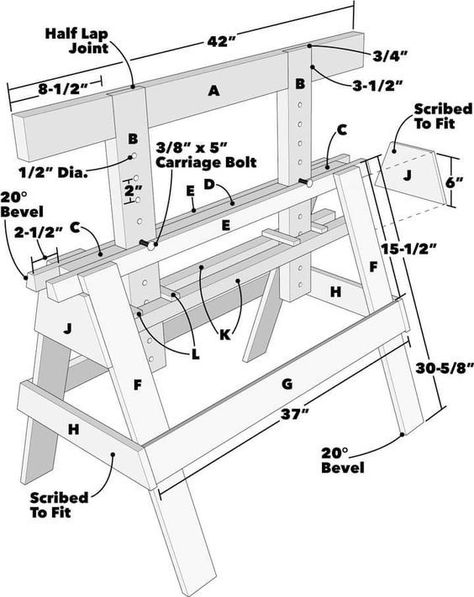 Woodworking DIY Plans & Projects | Fully adjustable saw horse with full dimensions and hardware items Sawhorse Diy, Adjustable Sawhorse, Sawhorse Plans, Wooden Tools, Woodworking Lamp, Saw Horse, Rustic Woodworking, Woodwork Projects, Wood Shop Projects