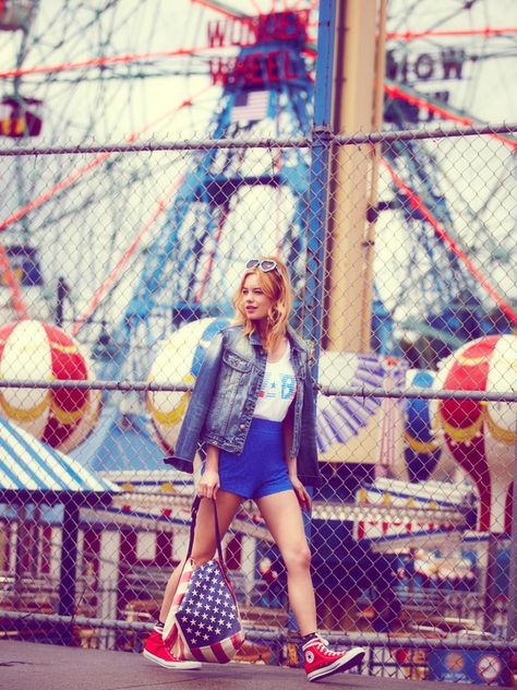 Camille Rowe Sports Americana Style for Free People’s June Lookbook Fashion Gone Rouge, Camille Rowe, Americana Fashion, Shoot Inspiration, American Classic, Fashion Lookbook, Amusement Park, Fashion Pictures, American Style