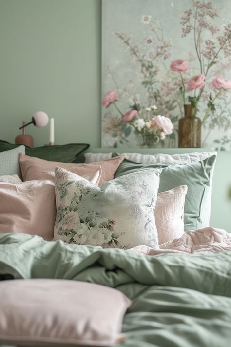 Sage And Rose Bedroom, Sage And Lavender Bedroom, Apartment Decorating Pink, Pale Pink Room, Lavender Bedroom, Preppy Room, Living Room Green, White Rooms, White Room